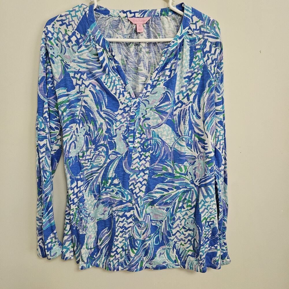 Lilly Pulitzer Women Cotton Top Floral Print In Blues Long Sleeve VNeck Sz XS